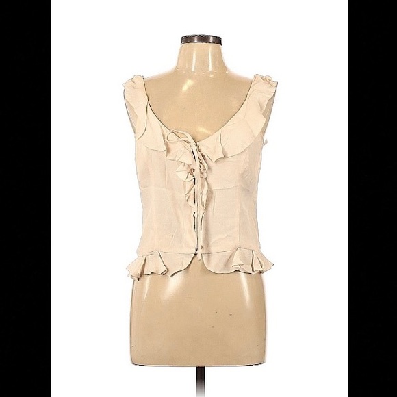 Dress Forum Tops - Ivory Classy Sleeveless, Ruffle Accents, V-Neck, Button Up Blouse